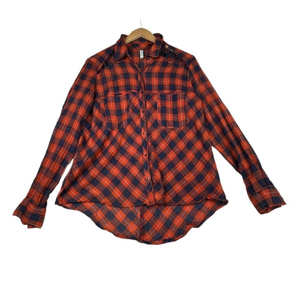 Free People Laceup Snap Button Down Shirt size XS Orange/Blue